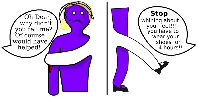On the left, a child holds a bloody scrape on her arm. A voice says the child should have said something, of cource they would have helped. On the right a child hold up her foot that has been squished in a shoe. A voice is yelling that she should stop whining about her feet.