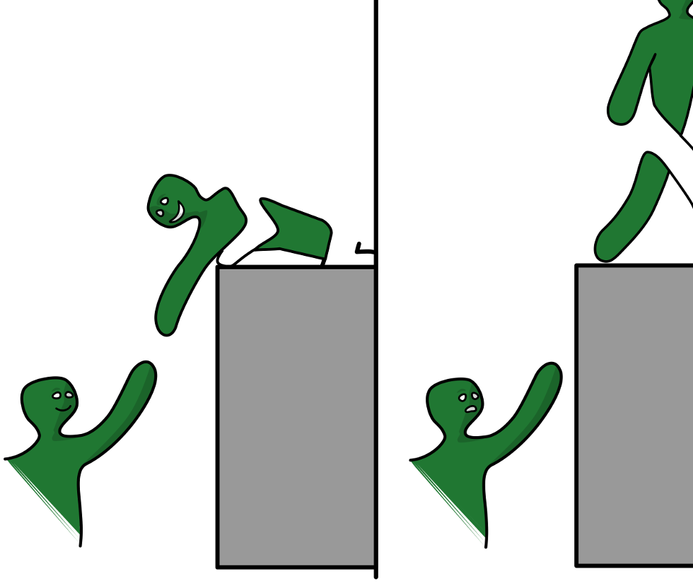 On the left panel, someone is helping someone up ledge, on the right panel someone it reaching for help, and the other person walks away.