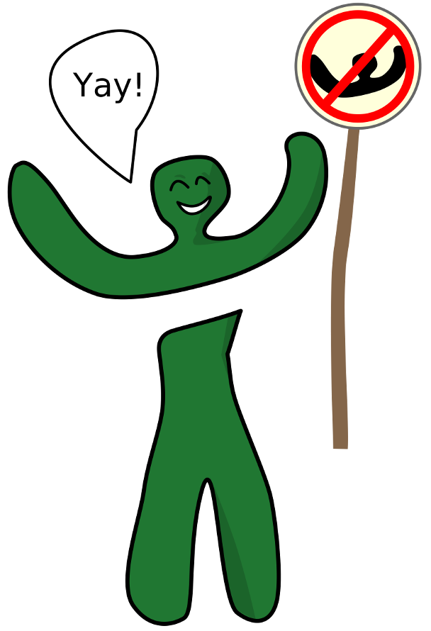 A child saying yay in front of a no happy children sign