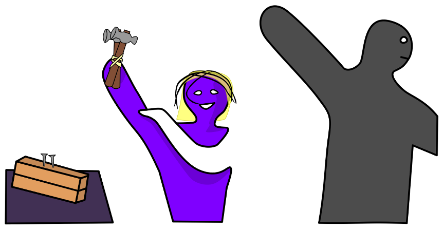 A child is smiling and holding up 2 hammers taped together. There is a piece of wood with 2 nails sticking out in front of her. Her caretaker is like, yea, whatever.