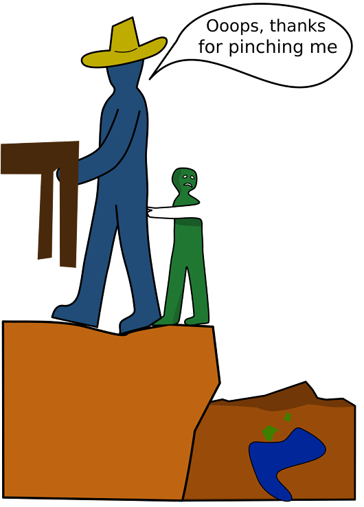 An Adult is backing up while moving a piece of furniture.  They are about to step on a child's foot.  The child is pinching them while also looking scared behind them. They are also standing on a cliff.