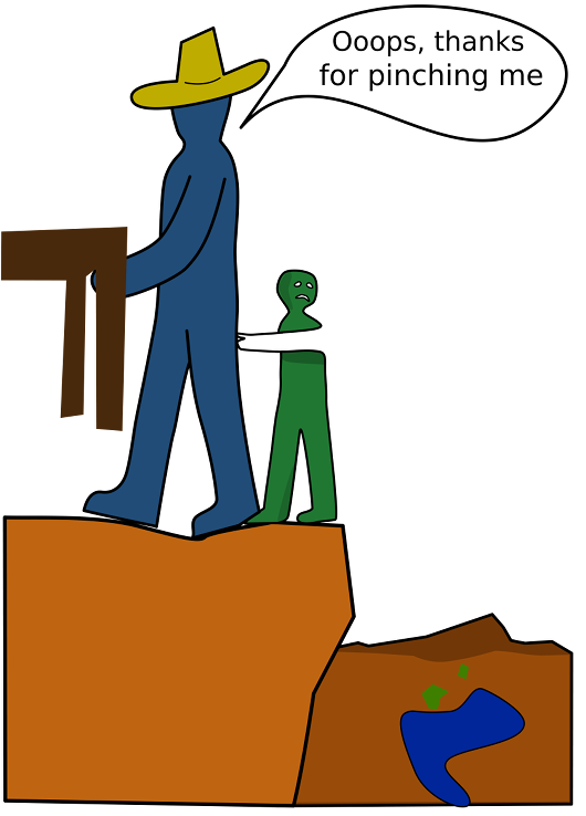 An Adult is backing up while moving a piece of furniture. They are about to step on a child's foot. The child is pinching them while also looking scared behind them. They are also standing on a cliff.