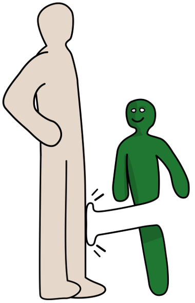A child is kicing an adult. The adult stands there like it's nothing. The child's foot morphs like a bean bag. The child is happy.