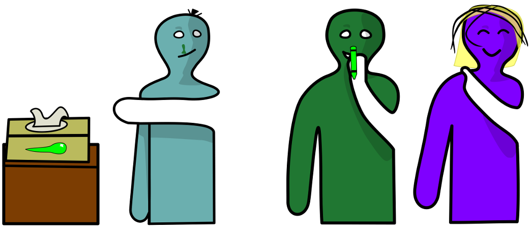 One child holds of a crayon to his nose. Another is pointing and laughing and the 3rd one who has a runny nose and is getting a tissue.