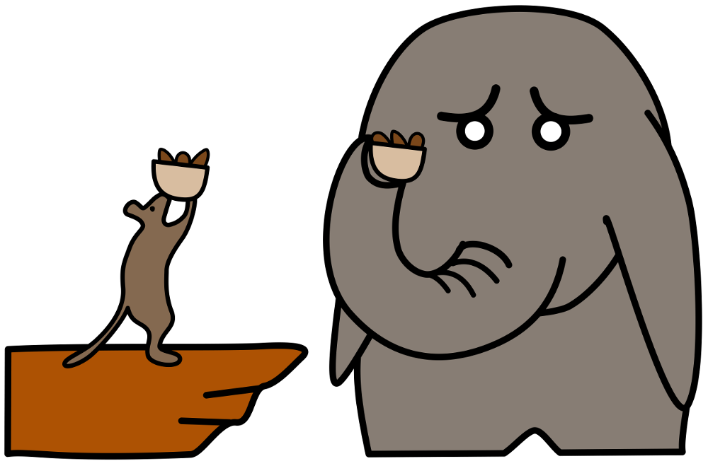 An elepant is sad and holding up a small bowl of food. A mouse is holding up the same sized bowl. It seems to be too much food for the mouse.