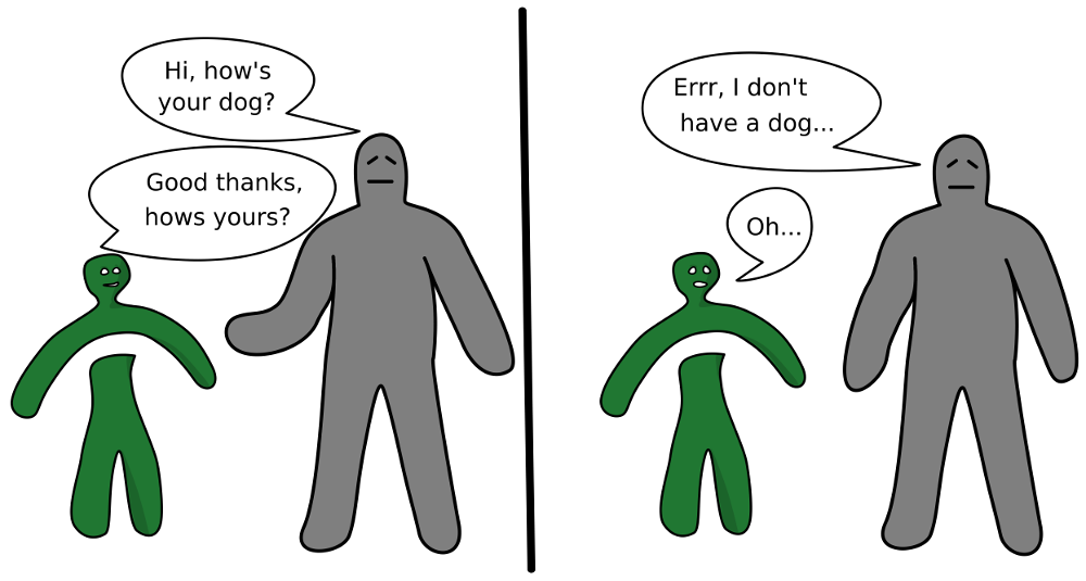 Someone asks a child how there dog is. The child respons, and then asks the the same question back, but it failed because the other person doesn't have a dog