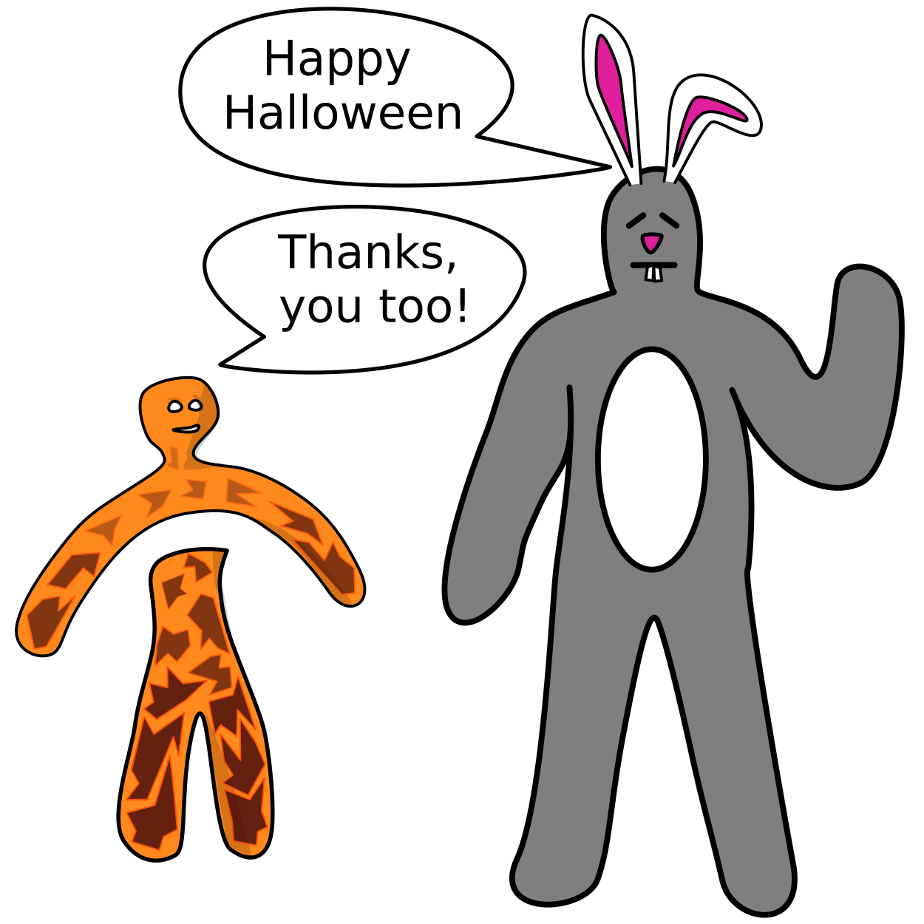 Someone dressed as a rabbit wishes a child to have a happy halloween.  A child dressed as a lava monster wishes one back to them.