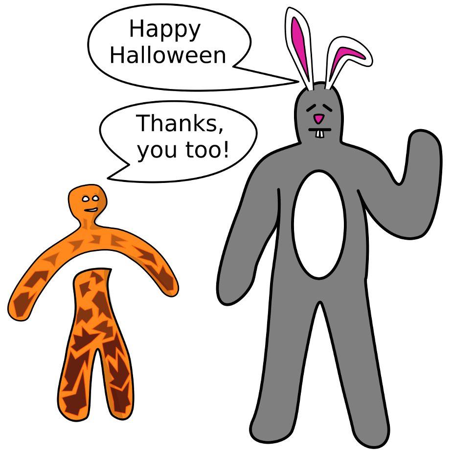 Someone dressed as a rabbit wishes a child to have a happy halloween. A child dressed as a lava monster wishes one back to them.