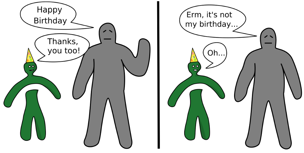 Someone wishes a child to have a happy birthday. A child with a party hat wishes one back to them, but its not their birthday.
