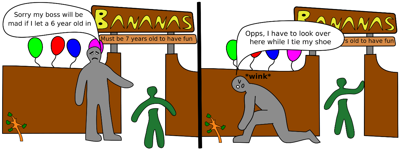 On the left panel, a adult stands with their arm out trying to stop a child.  The child wants to enter fun land called Bananas. A sign says kids have to be 7 years old to have fun. The adult is saying sorry.  On the right panel the adult leans over to tie their shoe, and is seen winking.  The child is seen entering the fun land.