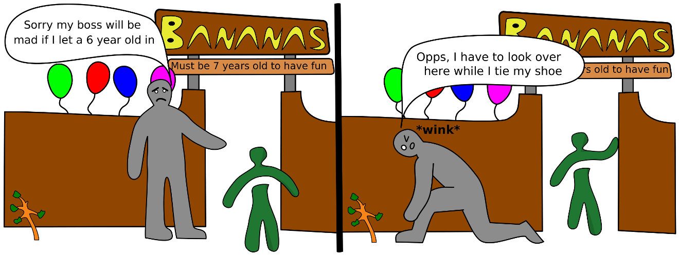 On the left panel, a adult stands with their arm out trying to stop a child. The child wants to enter fun land called Bananas. A sign says kids have to be 7 years old to have fun. The adult is saying sorry. On the right panel the adult leans over to tie their shoe, and is seen winking. The child is seen entering the fun land.