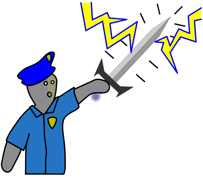 A police man is in awe of a sword he found as he holds it up and lightning strikes it.