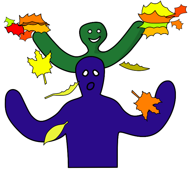 A child is happy and throwing leaves on an adult. The adult looks quite worried.