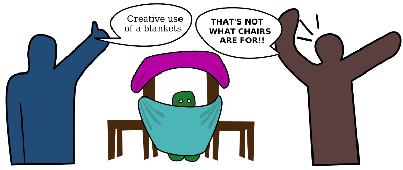 A child sits in a blanket fort.  One adult is happy, one it angry.