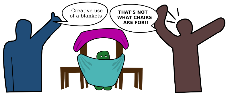 A child sits in a blanket fort. One adult is happy, one it angry.